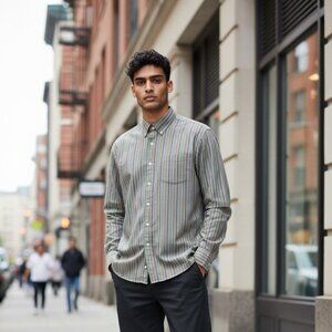 Tallia Long Sleeve Shirt Multi Color Striped Contrast collar and Cuff Size L